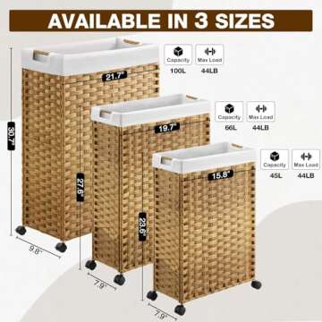 Greenstell Laundry Hamper with Wheels, 66L Slim Laundry Basket with 2 Removable Liner Bags & 2 Mesh Bags, Narrow Dirty Clothes Basket, Handwoven Rattan Organizer in Bathroom, Bedroom, Natural