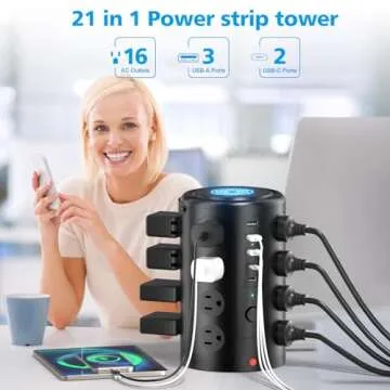 Tower Power Strip Surge Protector with 16 Outlets and 5 USB Ports (2 USB-C), 6FT Extension Cord with...