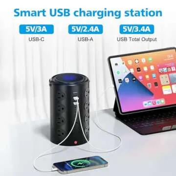 Tower Power Strip Surge Protector with 16 Outlets and 5 USB Ports (2 USB-C), 6FT Extension Cord with Multiple Outlets,Heavy Duty Charging Station,Home Office Dorm Room Essentials. No Wireless Charging