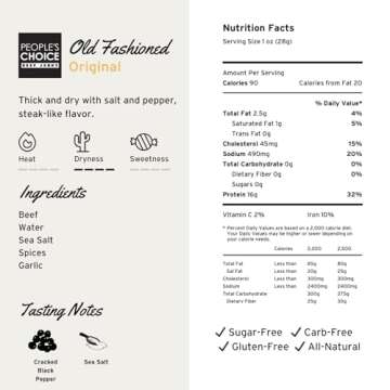 People's Choice Beef Jerky - Old Fashioned - Original - Healthy, Sugar Free, Zero Carb, Gluten Free, Keto Friendly, High Protein Meat Snack - Dry Texture - 1 Pound, 16 oz - 1 Bag