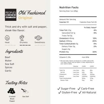 People's Choice Beef Jerky - Old Fashioned - Original - Healthy, Sugar Free, Zero Carb, Gluten Free, Keto Friendly, High Protein Meat Snack - Dry Texture - 1 Pound, 16 oz - 1 Bag