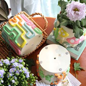 GUGUGO Colorful Squiggle Lines Planters Cute Unique Rainbow Planter with Drainage, Vintage Retro Flower Plant pots for Indoor & Outdoor Plants, Eclectic Succulent Gardening Pot for Boho Modern Décor