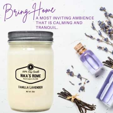 Nika's Home Vanilla Lavender Soy Candle - 12oz Mason Jar - Relaxing, Non-Toxic, Hand Poured in USA