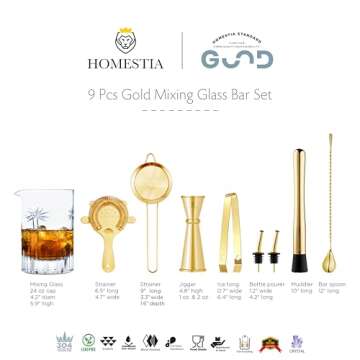 Homestia 9 PCS Cocktail Mixing Glass Set Crystal Barware, Golden Old Fashion Drink Kit: 24oz Bar Mixing Glass, 10" Bar Muddler, Jigger, 12" Stirring Spoon, Cocktail Strainers, Bottle Pourers, Ice Tong