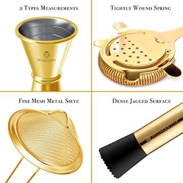 Homestia 9 PCS Cocktail Mixing Glass Set Crystal Barware, Golden Old Fashion Drink Kit: 24oz Bar Mixing Glass, 10" Bar Muddler, Jigger, 12" Stirring Spoon, Cocktail Strainers, Bottle Pourers, Ice Tong