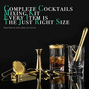 Homestia 9 PCS Cocktail Mixing Glass Set Crystal Barware, Golden Old Fashion Drink Kit: 24oz Bar Mixing Glass, 10" Bar Muddler, Jigger, 12" Stirring Spoon, Cocktail Strainers, Bottle Pourers, Ice Tong