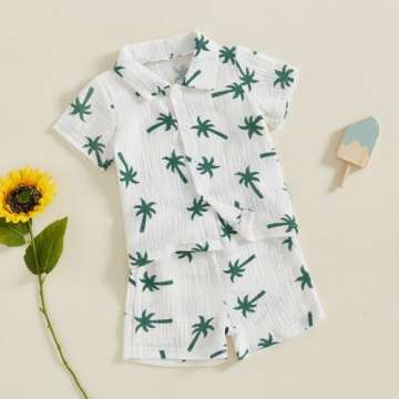 Mandizy Toddler Baby Boy Summer Clothes Checkered Palm Tree Print Shirt Tops and Shorts Set 2Pcs Cot...
