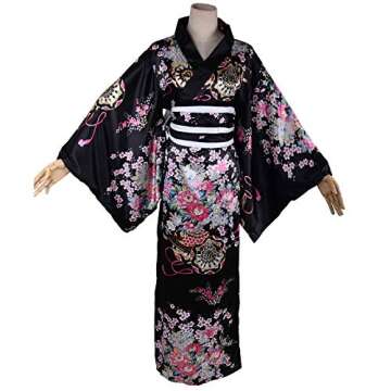 Women's Kimono Costume Adult Japanese Geisha Yukata Sweet Floral Patten Gown Blossom Satin Bathrobe ...