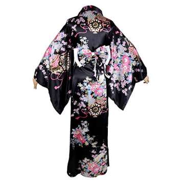 Women's Kimono Costume Adult Japanese Geisha Yukata Sweet Floral Patten Gown Blossom Satin Bathrobe Sleepwear with OBI Belt (30-Long Black)