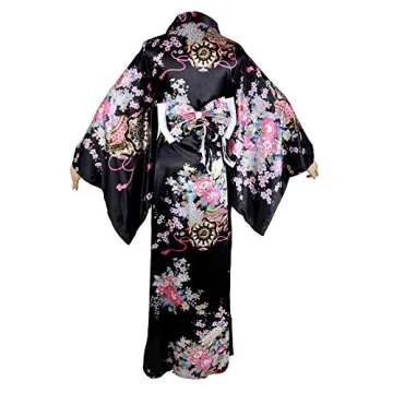 Women's Kimono Costume Adult Japanese Geisha Yukata Sweet Floral Patten Gown Blossom Satin Bathrobe Sleepwear with OBI Belt (30-Long Black)