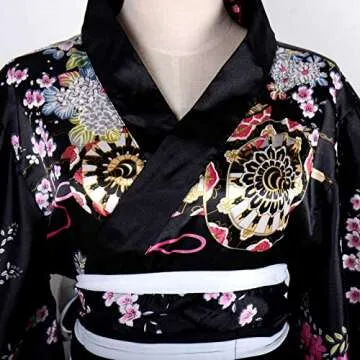 Women's Kimono Costume Adult Japanese Geisha Yukata Sweet Floral Patten Gown Blossom Satin Bathrobe Sleepwear with OBI Belt (30-Long Black)