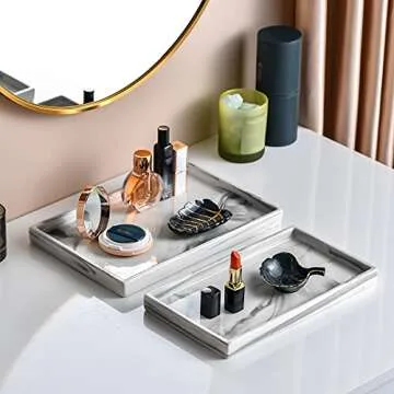 Redelaenor Vanity Bathroom Tray,Perfume Organizer Jewelry Plate Holder White Marble Tray Decorative Ceramic Rectangle Small Tray Serving Tray