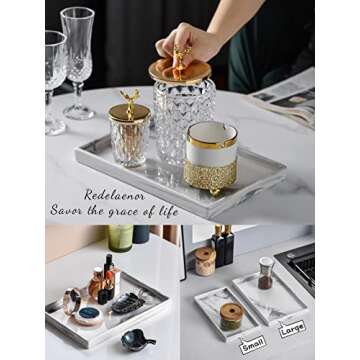 Redelaenor Vanity Bathroom Tray,Perfume Organizer Jewelry Plate Holder White Marble Tray Decorative Ceramic Rectangle Small Tray Serving Tray