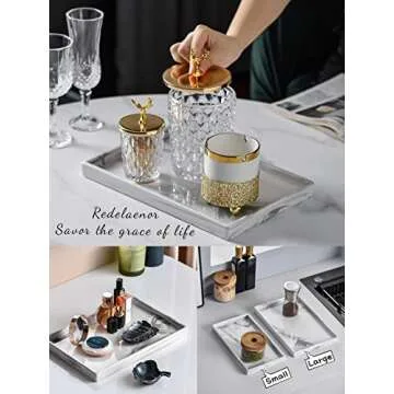 Redelaenor Vanity Bathroom Tray,Perfume Organizer Jewelry Plate Holder White Marble Tray Decorative Ceramic Rectangle Small Tray Serving Tray