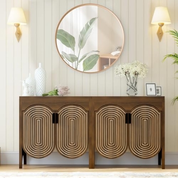 Fluted Sideboard Cabinet with Storage,4 Doors Buffet Cabinet with Adjustable Shelves,Accent Storage ...