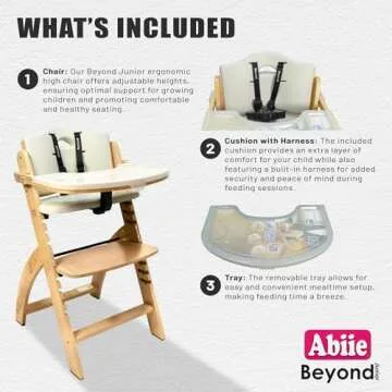 Abiie Beyond Junior Wooden High Chair with Tray - Convertible Baby Highchair - Adjustable High Chair for Babies/Toddlers/6 Months up to 250 Lb - Natural Wood/Dove Grey Cushion
