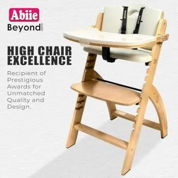 Abiie Beyond Junior Wooden High Chair with Tray - Convertible Baby Highchair - Adjustable High Chair for Babies/Toddlers/6 Months up to 250 Lb - Natural Wood/Dove Grey Cushion