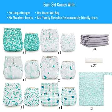 Simple Being Reusable Cloth Diapers, Double Gusset, One Size Adjustable, Washable Soft Absorbent, Waterproof Cover, Eco-Friendly Unisex Baby Girl Boy, six 4-Layers Microfiber Inserts (Safari)