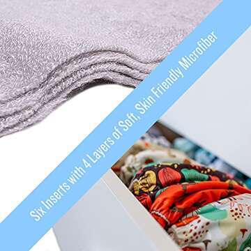 Simple Being Reusable Cloth Diapers, Double Gusset, One Size Adjustable, Washable Soft Absorbent, Waterproof Cover, Eco-Friendly Unisex Baby Girl Boy, six 4-Layers Microfiber Inserts (Safari)