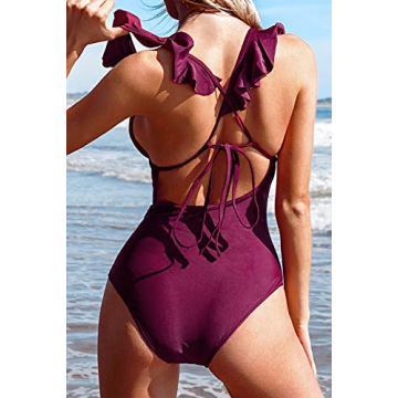 CUPSHE Women's One Piece Swimsuit Ruffle Deep V Neck Strappy Swimwear Bathing Suits Wine Red XS