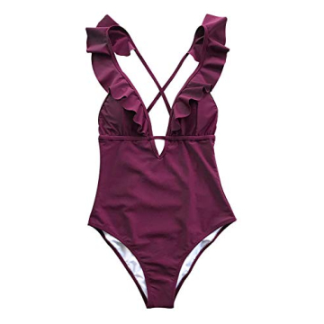 CUPSHE Women's One Piece Swimsuit Ruffle Deep V Neck Strappy Swimwear Bathing Suits Wine Red XS