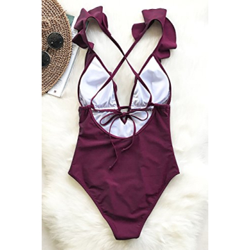 CUPSHE Women's One Piece Swimsuit Ruffle Deep V Neck Strappy Swimwear Bathing Suits Wine Red XS