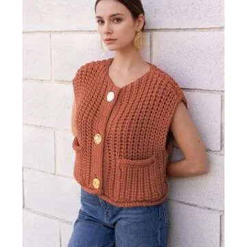 Hixiaohe Womens Crochet Chunky Knit Top Sleeveless Button Down Crop Tops Trendy Cardigan Sweater Vest for Women with Pockets(Brick-Red,L)