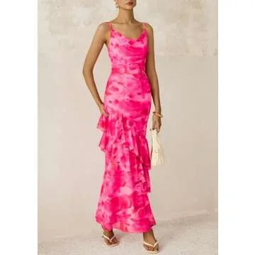 PRETTYGARDEN Maxi Dresses for Women 2025 Summer Tiered Floral Beach Sundress Spaghetti Strap Wedding Guest Long Dress (Print Pink,Medium)