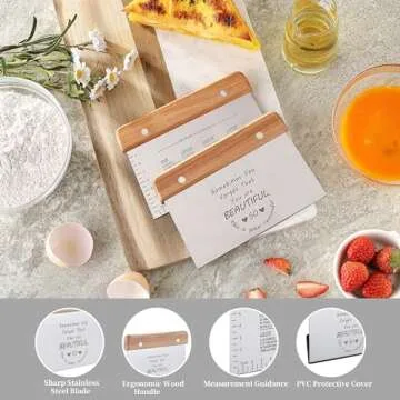 2PCS Bench Dough Scraper, Stainess Steel Kitchen/Pastry/Food/Bread/Cutting Board Scraper Cutter Chopper with Protective Cover, Ergonomic Wood Handle (2 Pack, Unique Pattern Design)