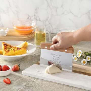 2PCS Bench Dough Scraper, Stainess Steel Kitchen/Pastry/Food/Bread/Cutting Board Scraper Cutter Chopper with Protective Cover, Ergonomic Wood Handle (2 Pack, Unique Pattern Design)
