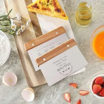 2PCS Bench Dough Scraper, Stainess Steel Kitchen/Pastry/Food/Bread/Cutting Board Scraper Cutter Chopper with Protective Cover, Ergonomic Wood Handle (2 Pack, Unique Pattern Design)