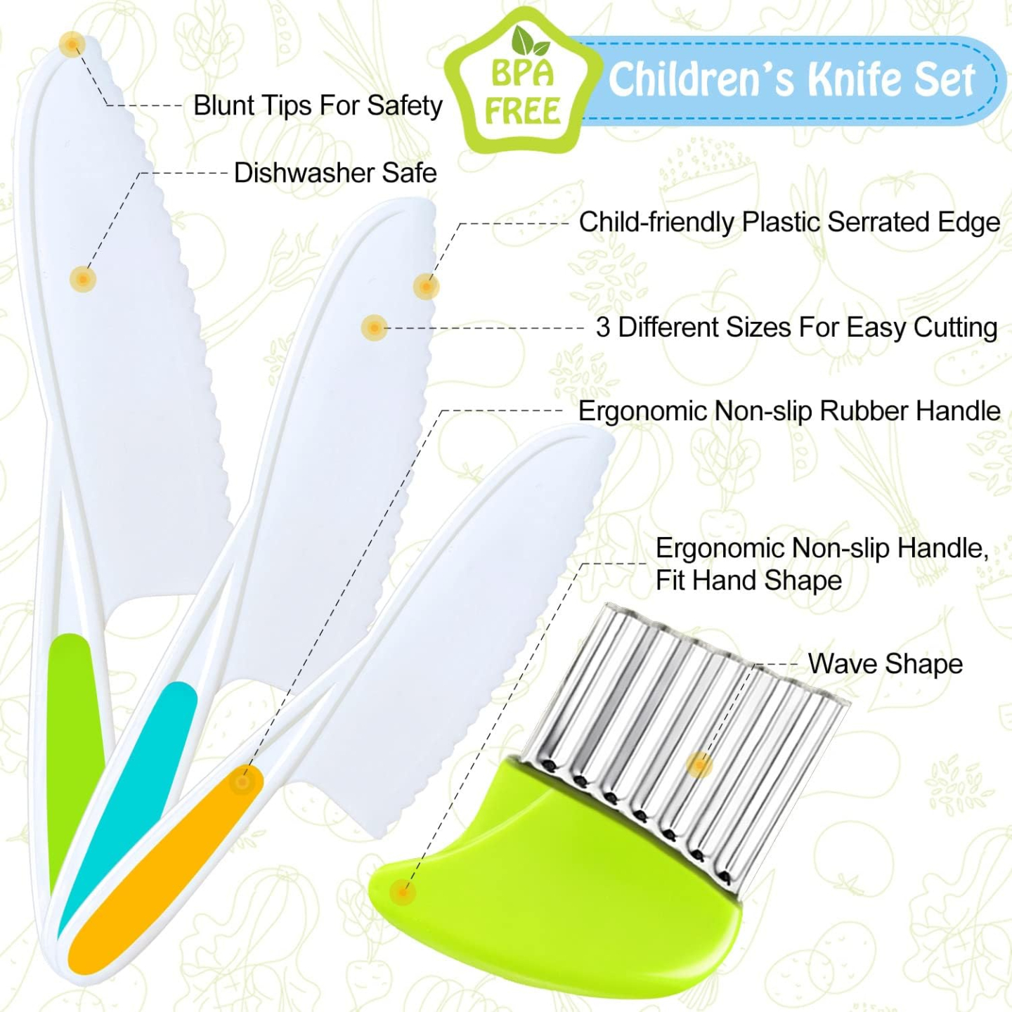 Kids Knife Set - Safe Nylon Knives with Crinkle Cutter