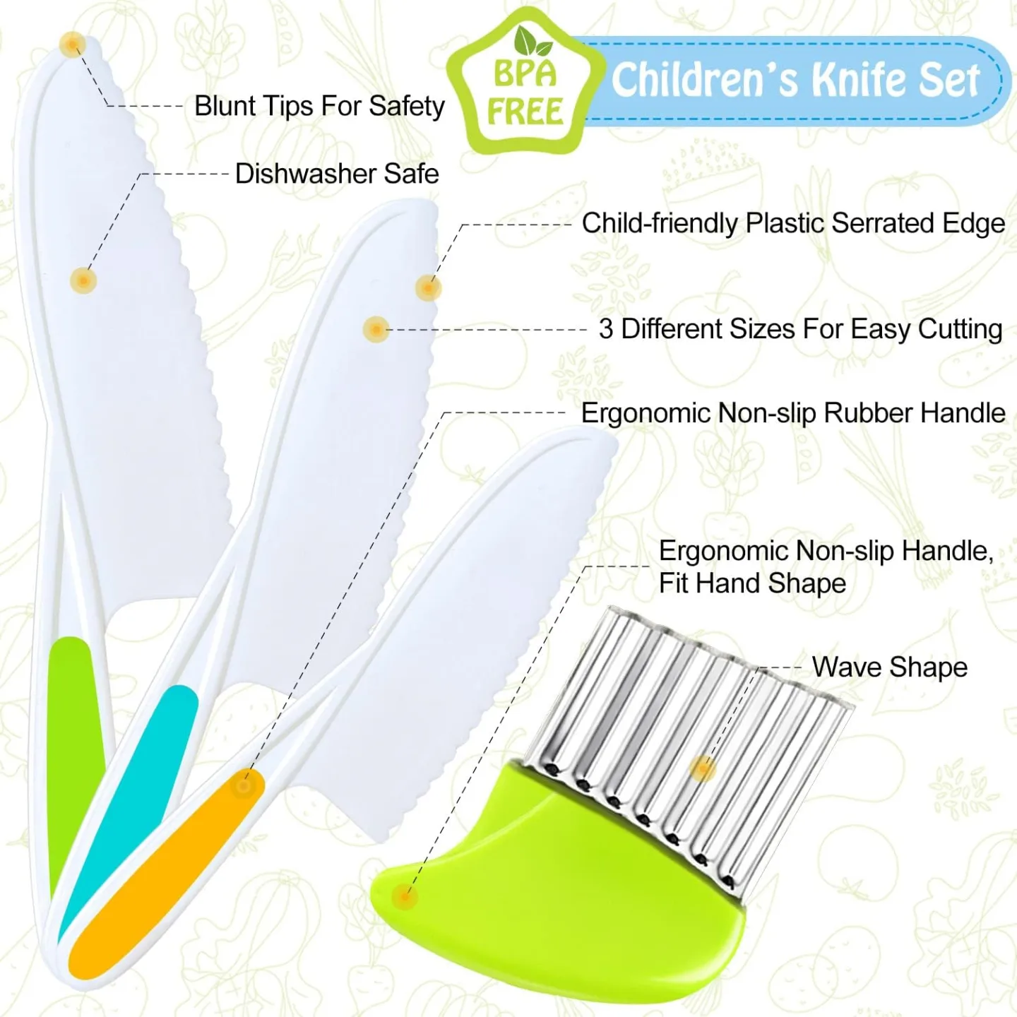 Kids Knife Set - Safe Nylon Knives with Crinkle Cutter