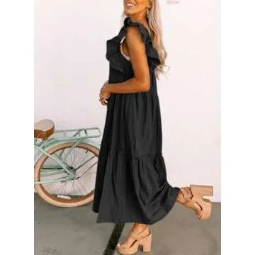 Dokotoo Women Dresses Sun Maxi Dresses for Women 2024 Casual Cute Ruffle Hemline Skirt Womens Dresses Off Shoulder Style Spring Summer Beach Vacation Dresses Black