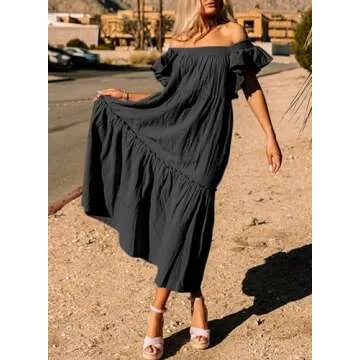 Dokotoo Women Dresses Sun Maxi Dresses for Women 2024 Casual Cute Ruffle Hemline Skirt Womens Dresses Off Shoulder Style Spring Summer Beach Vacation Dresses Black
