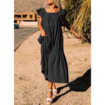 Dokotoo Women Dresses Sun Maxi Dresses for Women 2024 Casual Cute Ruffle Hemline Skirt Womens Dresses Off Shoulder Style Spring Summer Beach Vacation Dresses Black