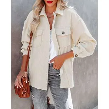 Women's Corduroy Button Down Pocket Shacket Casual Long Sleeve V Neck Jacket Blouses Coat 6026 Beige Large