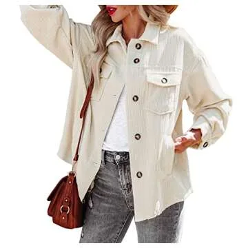 Women's Corduroy Button Down Pocket Shacket Casual Long Sleeve V Neck Jacket Blouses Coat 6026 Beige Large