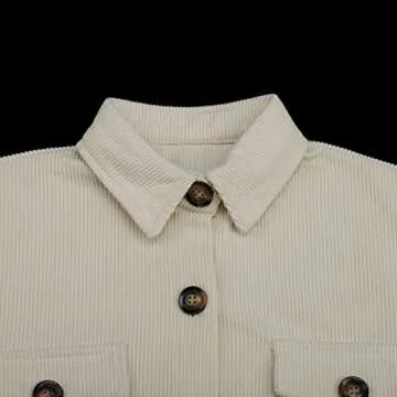 Women's Corduroy Button Down Pocket Shacket Casual Long Sleeve V Neck Jacket Blouses Coat 6026 Beige Large