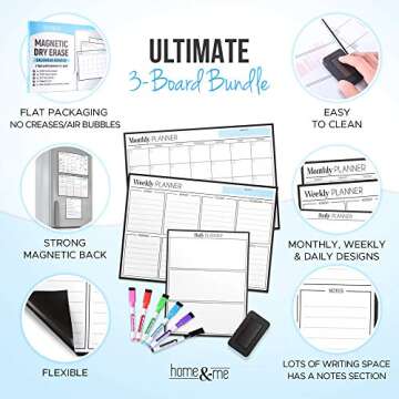 Cinch! Magnetic Calendar Bundle of 3 - Monthly, Weekly, Daily Planning Dry Erase Boards for Fridge - Magnetic Fridge Calendar Whiteboard Set with 6 Fine Tip Markers, Large Eraser, and Magnets