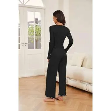 Koandaily Womens 2 Piece Outfits Sweater Lounge Set Casual V Neck Knit Pajama Set Long Sleeve Top Wide Leg Pants Loungewear Black XL
