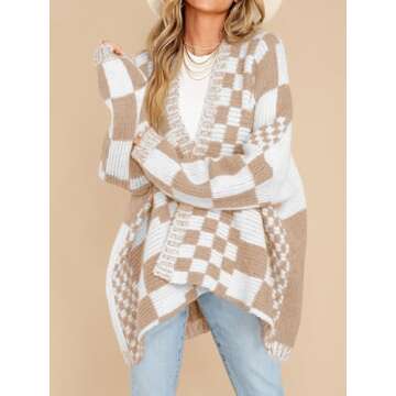 Saodimallsu Womens Checkered Sweater Color Block Plaid Cardigans Oversized Long Sleeve Knit Open Front Coats Khaki