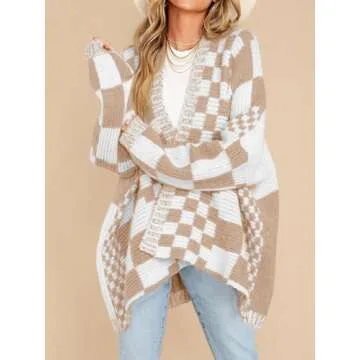 Saodimallsu Womens Checkered Sweater Color Block Plaid Cardigans Oversized Long Sleeve Knit Open Front Coats Khaki