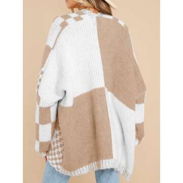 Saodimallsu Womens Checkered Sweater Color Block Plaid Cardigans Oversized Long Sleeve Knit Open Front Coats Khaki