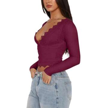 REORIA Women's Fall Sexy V Neck Double Lined Long Sleeve Shirts Cute Slim Fitted Lace Trendy Y2K Goi...