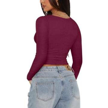 REORIA Women's Fall Sexy V Neck Double Lined Long Sleeve Shirts Cute Slim Fitted Lace Trendy Y2K Going Out Tops for Women Teen Girls Burdundy Medium