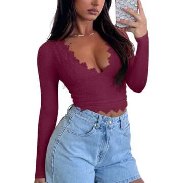 REORIA Women's Fall Sexy V Neck Double Lined Long Sleeve Shirts Cute Slim Fitted Lace Trendy Y2K Going Out Tops for Women Teen Girls Burdundy Medium