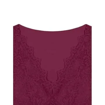 REORIA Women's Fall Sexy V Neck Double Lined Long Sleeve Shirts Cute Slim Fitted Lace Trendy Y2K Going Out Tops for Women Teen Girls Burdundy Medium