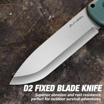 FLISSA 9" Fixed Blade Knife, D2 Steel Hunting Knife for Camping, Outdoor, Bushcraft and Survival, Micarta Handle, Leather Sheath Included, Christmas Gifts for Husband, Father, Friend