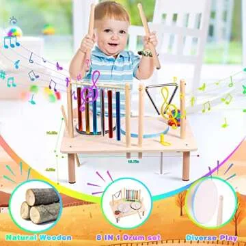 Kids Drum Set for Toddlers Musical Instruments - Baby Drum Kit 8 in 1 with Music Wind Chime and Triangle Montessori Toys Wooden Educational Sensory Toys for Children Boys and Girls Gifts （Drums）